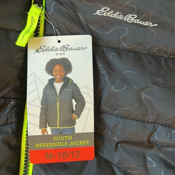 Eddie Bauer Reversible Fuzzy Fleece Jacket Black Neon Yellow Trim Medium 10-12 - Picture 12 of 15